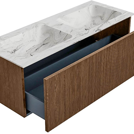 MONDIAZ KURVE-DLUX 120cm badmeubel kleur Walnut met 1 lade en 0 deuren. Wastafel LEAF Dubbel 2 kraangaten Glace.