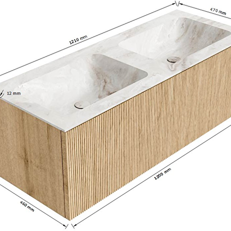MONDIAZ KURVE-DLUX 120cm badmeubel kleur Walnut met 1 lade en 0 deuren. Wastafel LEAF Dubbel 2 kraangaten Glace.