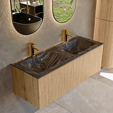 MONDIAZ KURVE-DLUX 120cm badmeubel kleur Oak met 1 lade en 0 deuren. Wastafel LEAF Dubbel 2 kraangaten Lava.