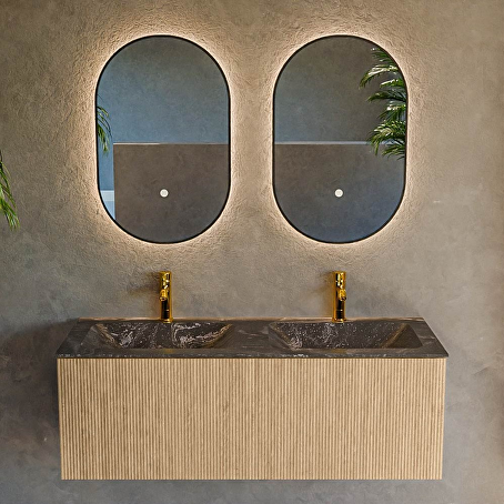 MONDIAZ KURVE-DLUX 120cm badmeubel kleur Oak met 1 lade en 0 deuren. Wastafel LEAF Dubbel 2 kraangaten Lava.