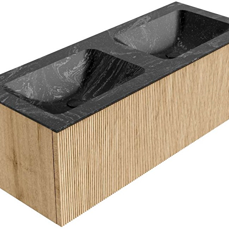 MONDIAZ KURVE-DLUX 120cm badmeubel kleur Oak met 1 lade en 0 deuren. Wastafel LEAF Dubbel 2 kraangaten Lava.