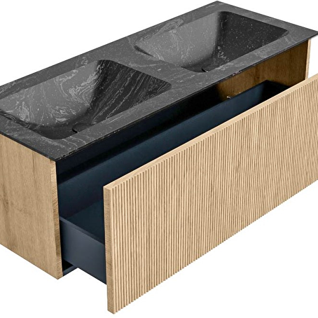MONDIAZ KURVE-DLUX 120cm badmeubel kleur Oak met 1 lade en 0 deuren. Wastafel LEAF Dubbel 2 kraangaten Lava.