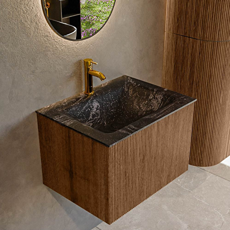 MONDIAZ KURVE-DLUX 60cm badmeubel kleur Walnut met 1 lade en 0 deuren. Wastafel CLOUD Midden 1 kraangat Lava.