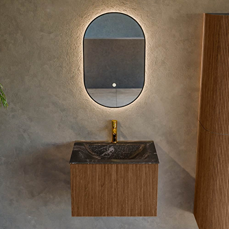 MONDIAZ KURVE-DLUX 60cm badmeubel kleur Walnut met 1 lade en 0 deuren. Wastafel CLOUD Midden 1 kraangat Lava.