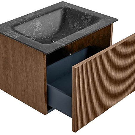 MONDIAZ KURVE-DLUX 60cm badmeubel kleur Walnut met 1 lade en 0 deuren. Wastafel CLOUD Midden 1 kraangat Lava.