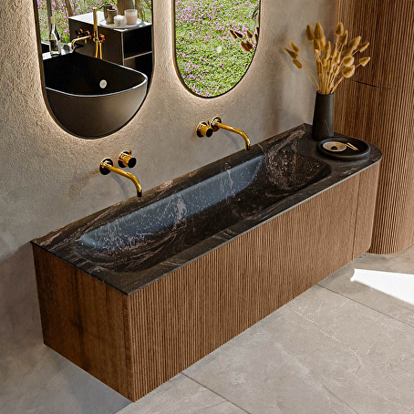 MONDIAZ KURVE-DLUX 145cm badmeubel ronding Rechts kleur Walnut met 1 lade en 1 deur. Wastafel BIG LARGE Links zonder kraangat Lava.