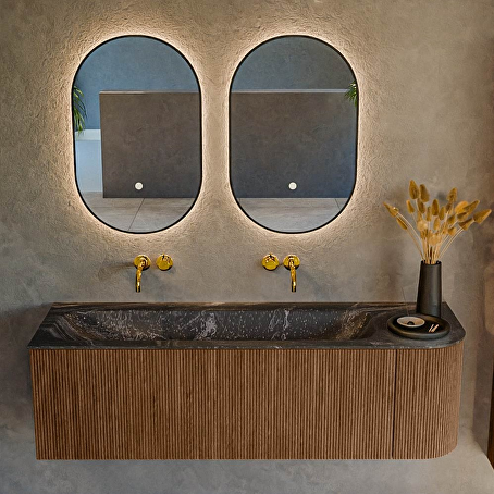 MONDIAZ KURVE-DLUX 145cm badmeubel ronding Rechts kleur Walnut met 1 lade en 1 deur. Wastafel BIG LARGE Links zonder kraangat Lava.