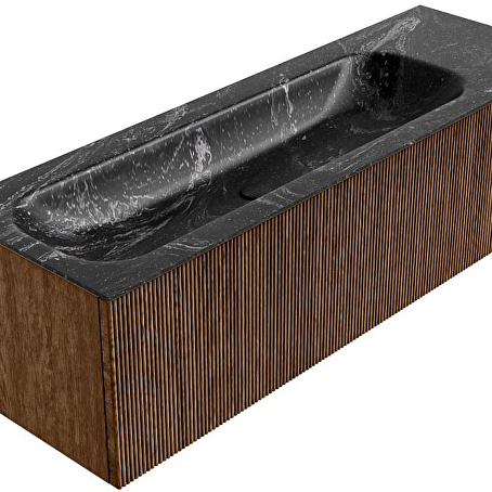 MONDIAZ KURVE-DLUX 145cm badmeubel ronding Rechts kleur Walnut met 1 lade en 1 deur. Wastafel BIG LARGE Links zonder kraangat Lava.