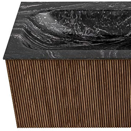 MONDIAZ KURVE-DLUX 145cm badmeubel ronding Rechts kleur Walnut met 1 lade en 1 deur. Wastafel BIG LARGE Links zonder kraangat Lava.