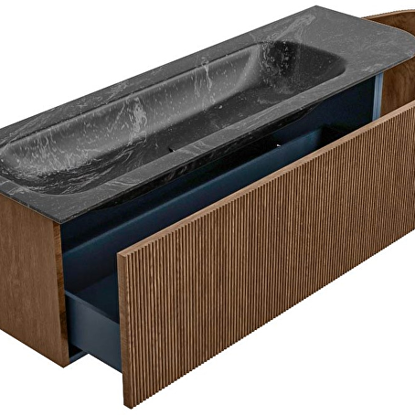 MONDIAZ KURVE-DLUX 145cm badmeubel ronding Rechts kleur Walnut met 1 lade en 1 deur. Wastafel BIG LARGE Links zonder kraangat Lava.