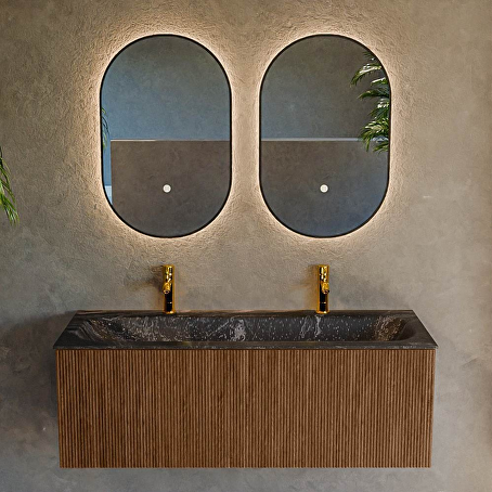 MONDIAZ KURVE-DLUX 120cm badmeubel kleur Walnut met 1 lade en 0 deuren. Wastafel BIG LARGE Midden 2 kraangaten Lava.