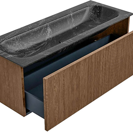 MONDIAZ KURVE-DLUX 120cm badmeubel kleur Walnut met 1 lade en 0 deuren. Wastafel BIG LARGE Midden 2 kraangaten Lava.
