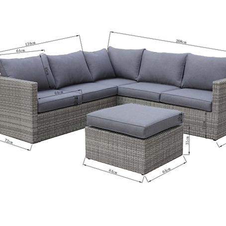 Luna loungeset 3-delig lichtbruin wicker met grijze kussens