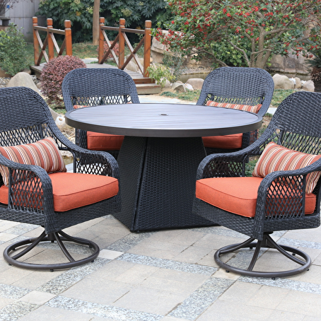 Orbit diningset rond - 5 delig - Zwart wicker met rode kussens
