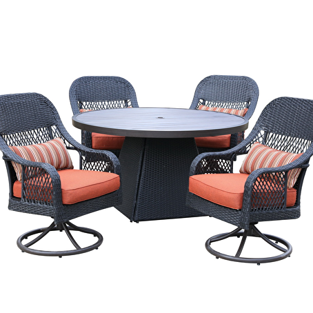 Orbit diningset rond - 5 delig - Zwart wicker met rode kussens