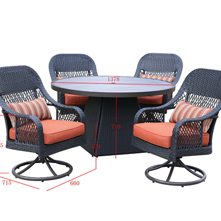 Orbit diningset rond - 5 delig - Zwart wicker met rode kussens