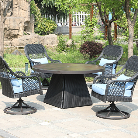 Orbit diningset rond - 5 delig - Zwart wicker met blauwe kussens