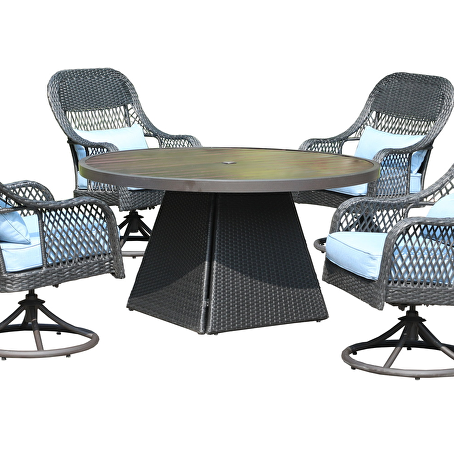 Orbit diningset rond - 5 delig - Zwart wicker met blauwe kussens